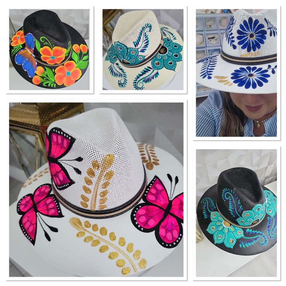 Colorful Hand-Painted Hats with Floral and Butterfly Designs